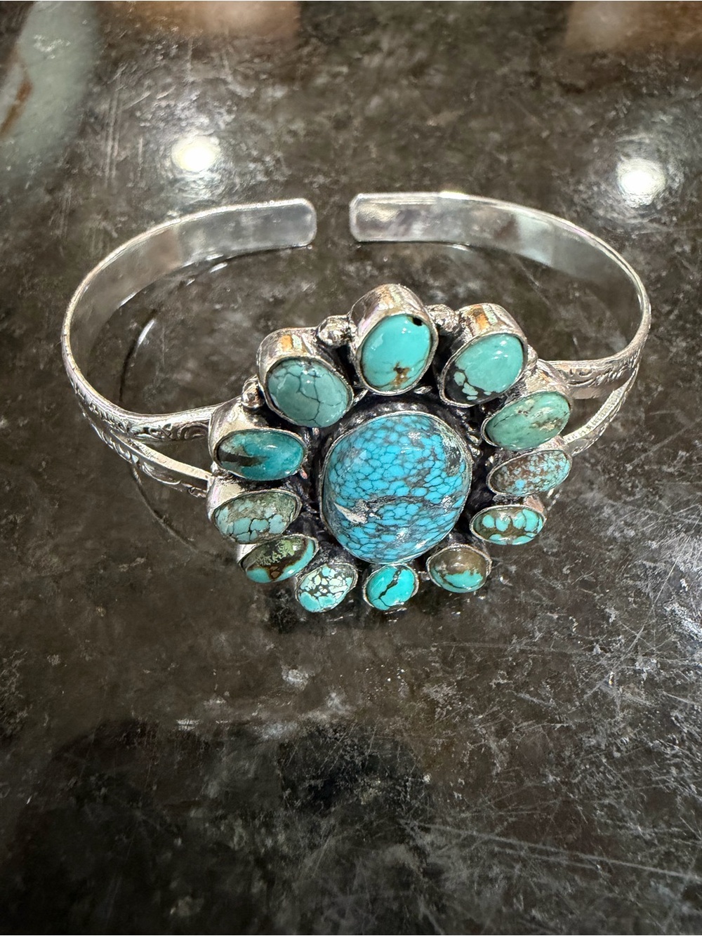 Turquoise Stone Silver Cuff Bracelet - Blue Turquoise Flower Design